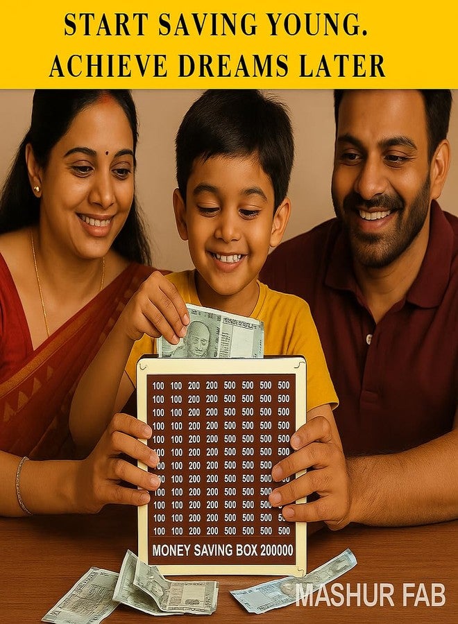 MASHUR FAB حصالة نقود خشبية، 20 × 20 سم، بني اللون، لتحدي توفير 200 ألف روبية - Image 3